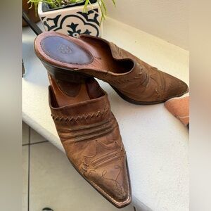 Ariat Tan Leather Mules with Embroidery